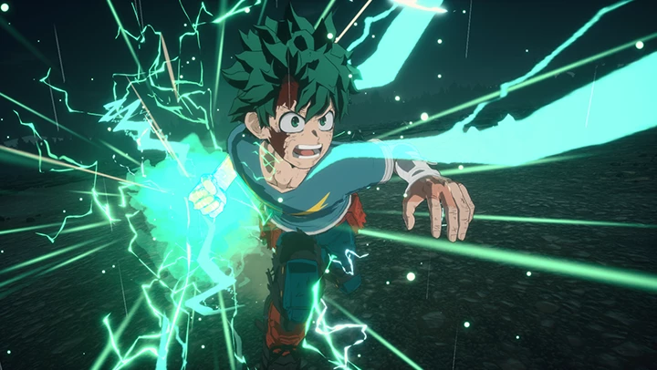 Izuku Midoriya Rising sprints across broken ground while green lightning bursts from his right arm.