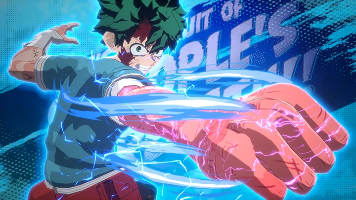Izuku Midoriya Rising thrusts a crackling fist toward the camera, green hair and a torn blue shirt lit by blue and pink lightning.